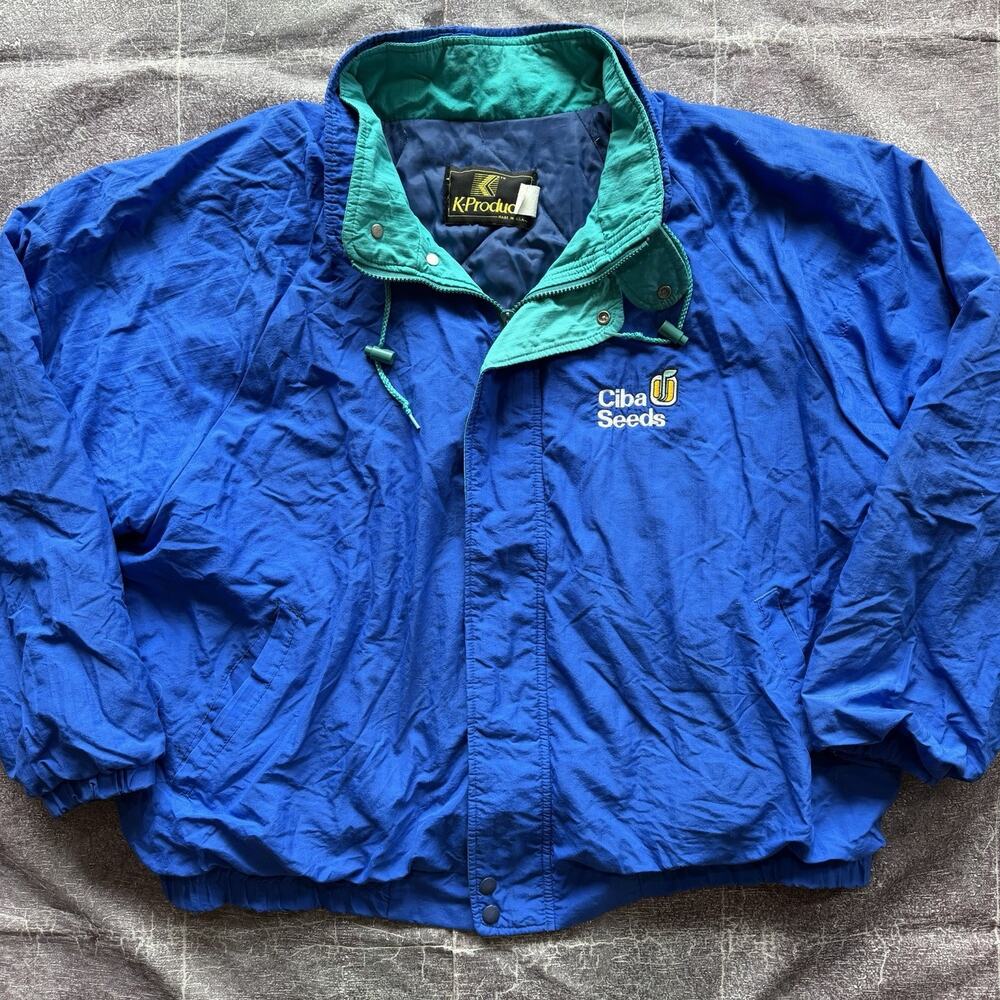 Men's Vintage 90's K Products Ciba Seeds Blue Teal Puffer Bomber Jacket Sz XL